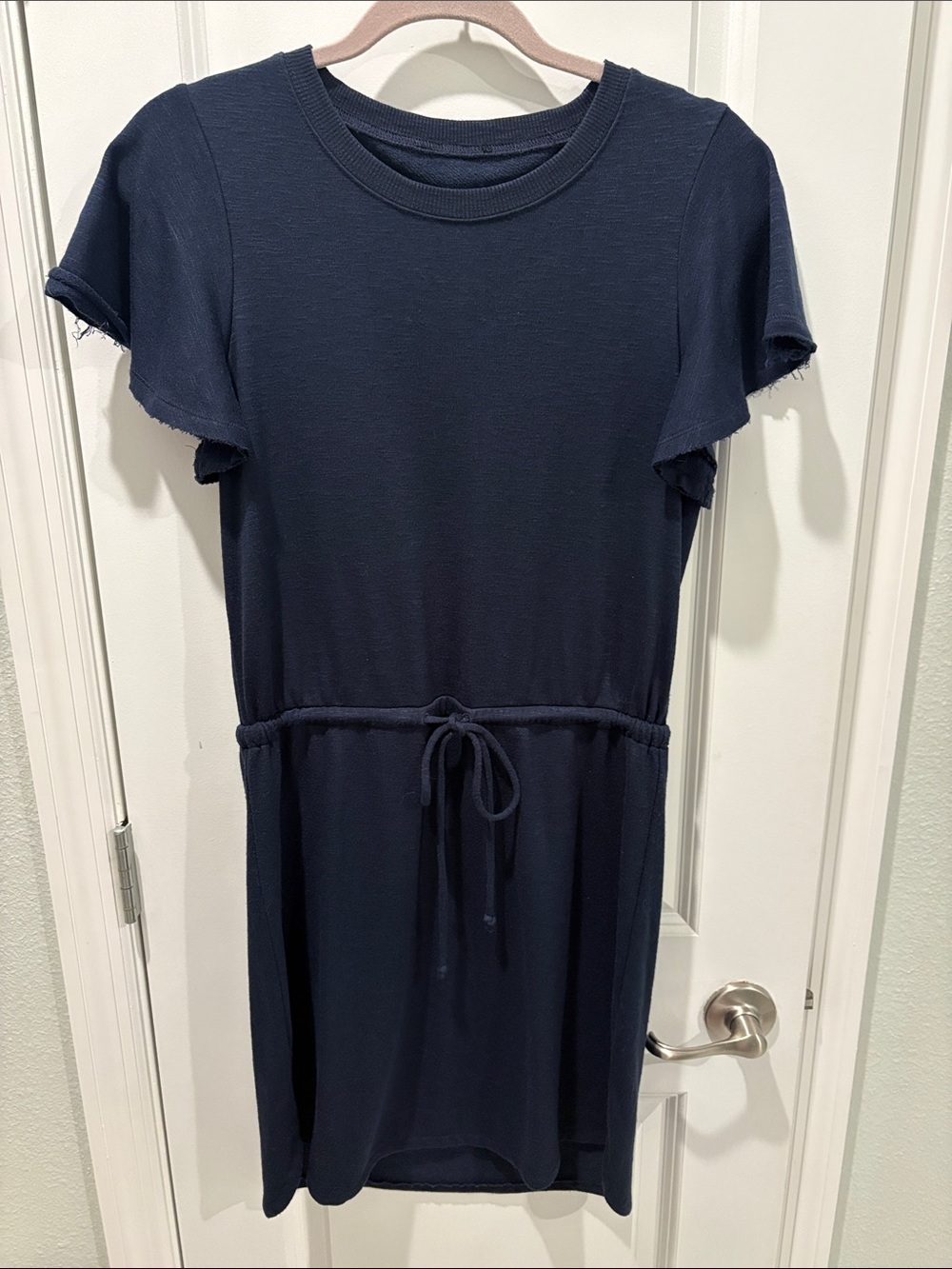 PAIGE Navy Short Sleeve Drawstring Knit Mini Dress